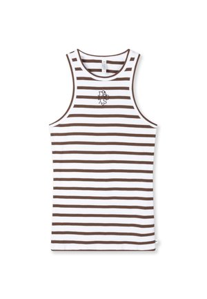 Camiseta sin mangas blanca con rayas horizontales marrones. Presenta un cuello redondo y textura acanalada. Pequeños detalles bordados en el pecho.