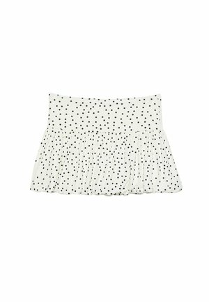 Jupe en tissu blanc avec un design froncé, ornée d'un motif à pois noirs sur l'ensemble. Ceinture élastique avec un ourlet évasé.