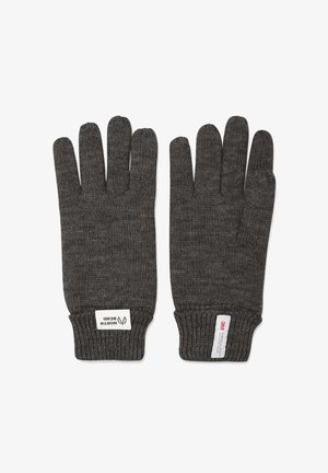 Dark gray knit gloves with ribbed cuffs, featuring a tag labeled "North Bend" and a label from 3M. The texture is smooth and flexible.