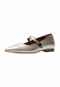 Zapatos planos Mary Jane metálicos plateados con punta afilada, una correa delgada a lo largo del empeine y un tacón bajo de madera. Textura suave y diseño elegante.