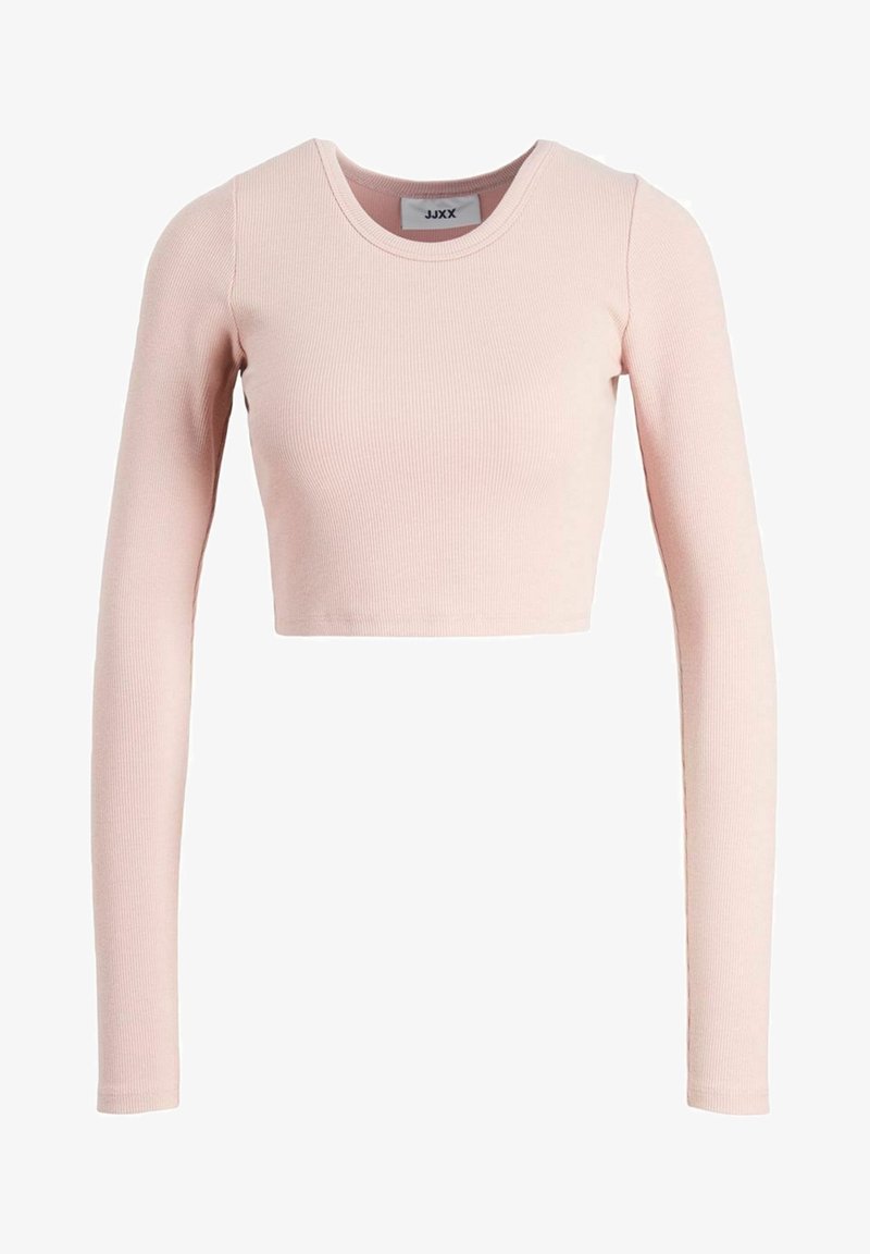 Light pink, ribbed, long-sleeve cropped top with a round neckline and a small brand label inside the collar.