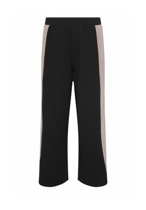 Pantalon noir à jambes larges avec panneaux latéraux beiges et ceinture élastique, présenté sur fond blanc.