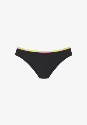 Zwarte bikini onderkant met een gladde textuur; heeft een limoen-groene en paarse accentband op de taille. Klassiek ontwerp, gematigde dekking.