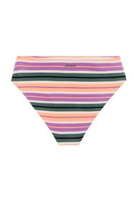 Stribet bikiniunderdel med horisontale orange, lilla, sorte og hvide striber, med tekstureret stof og "protest"-logo foran.