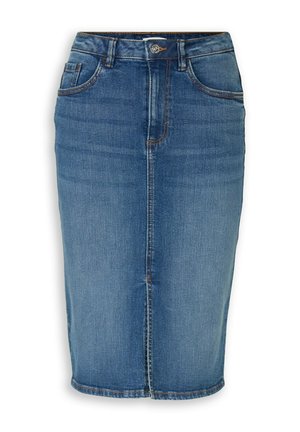 Jupe crayon en denim bleu avec fermeture à boutons et zip à l'avant, passants pour ceinture et poches avant, longueur genou avec détails délavés subtils.