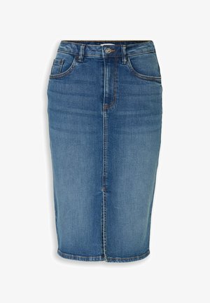 Blauwe spijkerbroek kokerrok met knopen en ritssluiting aan de voorkant, riemlussen en voorzakken, knielang met subtiele vervaagde details.