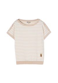 Chemise à manches courtes rayée en crème et beige clair, dotée de boutons à l'épaule et d'un design de abeille brodé à l'avant.
