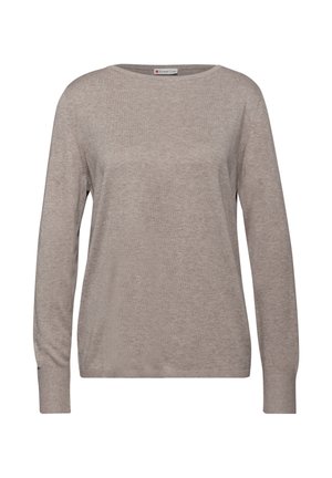 Maglione a maniche lunghe color beige chiaro in tessuto morbido a maglia, con un ampio collo a giro e polsini a costine per un vestibilità rilassata.