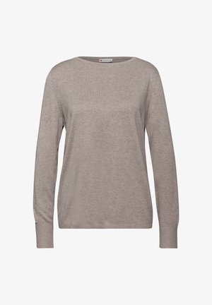 Long-sleeve, light beige sweater in soft knit fabric, featuring a wide crew neck and ribbed cuffs for a relaxed fit.
