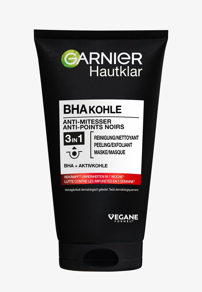 Garnier Hautklar BHA Węgiel 3 w 1 usuwacz zaskórników z węglem, środek do oczyszczania, peeling i maska, dermatologicznie testowany, wegańska formuła.