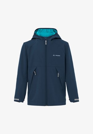 Giacca impermeabile blu navy con cappuccio, caratterizzata da una fodera turchese, zip frontale, due tasche con zip e dettagli riflettenti.