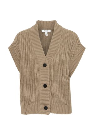 Cardigan en maille épaisse beige à manches courtes avec col châle et trois gros boutons noirs sur le devant.