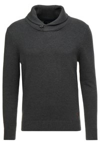 Maglione a maniche lunghe grigio scuro in maglia, con polsini e orlo côtelés, caratterizzato da un colletto a scialle con chiusura a un bottone.