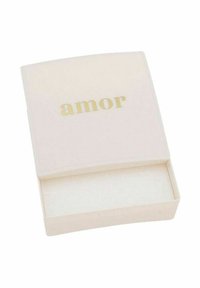 Scatola rettangolare bianca con una finitura liscia, con la parola "amor" in lettere dorate sul coperchio. L'interno è semplice e di colore chiaro.