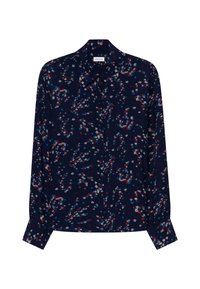 Blusa a maniche lunghe di un blu navy scuro con un motivo floreale in rosso, bianco e blu. Presenta un colletto, chiusura a bottoni e una texture di tessuto morbido.