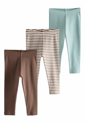Tre par leggings: ensfarvede brune, lyseblå og brune med striber. Alle har en ribbet struktur og elastisk taljebånd.