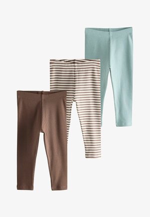 Tre par leggings: ensfarvede brune, lyseblå og brune med striber. Alle har en ribbet struktur og elastisk taljebånd.