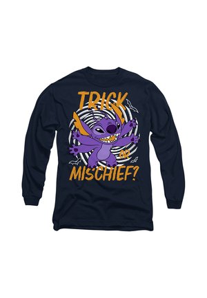Navy long-sleeve shirt with a purple cartoon creature, spiral background, bats, and orange text that reads "Trick or Mischief?"