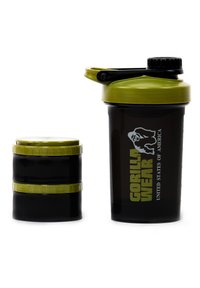 Zwarte shakerfles met groene deksel en accenten, met een draaidop en een verwijderbaar compartiment. Gemarkeerd met "GORILLA WEAR" branding.