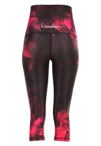 Leggings capri a vita alta in un tessuto nero elasticizzato con un motivo geometrico rosa e rosso. Presentano un dettaglio con il logo in vita.