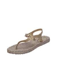 Beige gevlochten sandalen met een gestructureerde touwzool, verstelbare transparante banden en een teenstuk ontwerp. Geschikt voor informele gelegenheden.