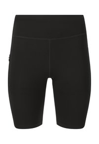 Shorts de sport noirs taille haute avec poche zippée latérale et coutures plates, conçus pour une utilisation active.