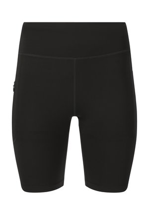 Black high-waist athletic shorts with side zipper pocket and flatlock stitching, designed for active wear.