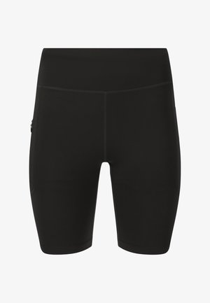 Black high-waist athletic shorts with side zipper pocket and flatlock stitching, designed for active wear.
