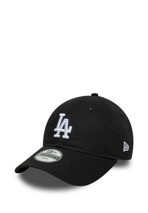 Schwarze, verstellbare Jugend-Baseballkappe mit weißem "LA"-Logo auf der Vorderseite und New Era-Logo an der Seite, gebogene Krempe und Aufkleber oben.