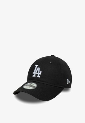 Schwarze, verstellbare Jugend-Baseballkappe mit weißem "LA"-Logo auf der Vorderseite und New Era-Logo an der Seite, gebogene Krempe und Aufkleber oben.