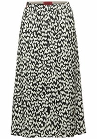 Mustavalkoinen kuviollinen hame, jossa on joustava vyötärö, edessä nappikiinnitys ja väljät leikkaukset, valmistettu kevyestä kankaasta.