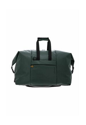 Grande borsa da viaggio verde scuro con manici neri e una tasca esterna con cerniera e un piccolo tiralampo giallo.