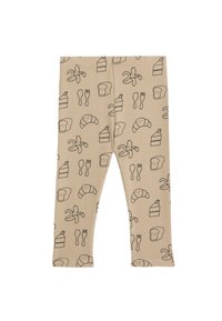 Leggings beige con una texture a coste, che presentano varie illustrazioni di cibo in nero, tra cui banane, pane, forchette e torta.