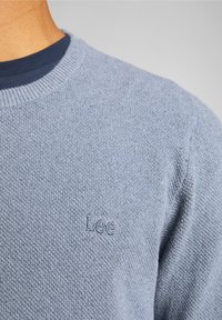 Ljusblå stickad tröja med rund halsringning, ribbad kant och liten broderad "Lee"-logotyp på vänster bröst. Strukturerad tyg.
