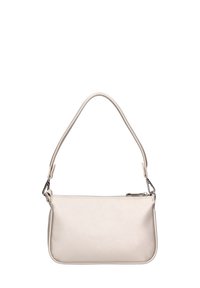 Beige Leder Schultertasche mit glatter Textur, Reißverschluss und gebogenem Griff. Verfügt über ein dezentes Körnermuster und silberne Hardware-Akzente.