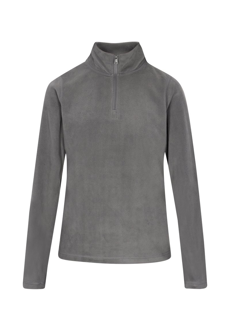 Grijze fleece pullover met hoge kraag en kwart-rits. Lange mouwen, zachte textuur en een eenvoudig ontwerp zonder patronen of hardware-details.