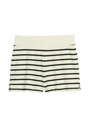 Shorts rayés avec une base blanche et des rayures horizontales noires, une taille douce et des fentes sur le bas pour plus de confort.
