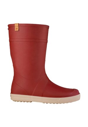 Red mid-calf rubber boot with beige textured sole and small tan pull tab near the top, shown from the outer side.