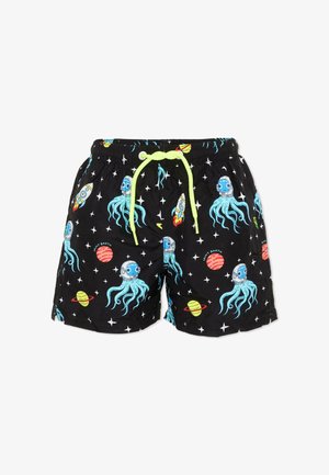 Zwarte zwembroek met neongele trekkoord, met een patroon van blauwe astronaut inktvis, raketten, planeten en sterren.