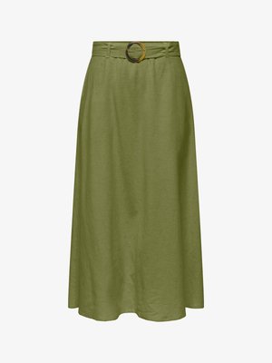 Olijfgroene midi-rok met A-lijnsnit en bijpassende riem met een ronde gouden gesp in de taille.