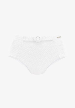 Weißer hochgeschnittener Bikini-Unterteil mit strukturiertem geometrischen Muster, ausgestattet mit einem Schlaufen-Detail vorne und seitlichen Einsätzen. Glattes Material.