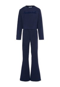 Felpa corta blu navale con logo "trussardi" e pantaloni a zampa abbinati, realizzati in un tessuto morbido con una texture liscia.