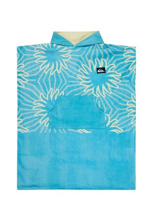 Niebieski ponczo z kapturem, ręcznik, z kremowymi wzorami w kształcie promieni słońca, przednia kieszeń kangurka oraz mała czarna naszywka z logo na klatce piersiowej.