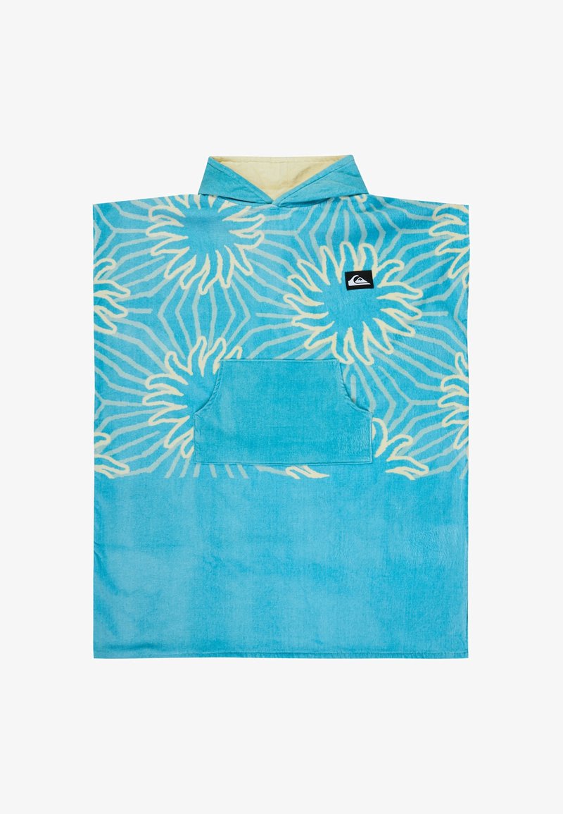 Poncho-serviette à capuche bleu avec des motifs éclat de soleil crème, poche kangourou à l'avant et petite étiquette logo noire sur la poitrine.