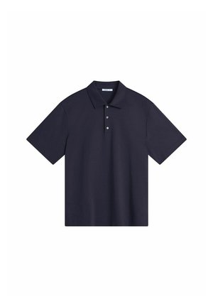 Granatowa koszulka polo wykonana z gładkiej bawełnianej tkaniny, z klasycznym kołnierzykiem, listwą z trzema guzikami i krótkimi rękawami.