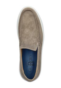 Beige suede slip-on shoe with a rounded toe, white rubber sole, and blue interior lining featuring the brand name "Giorgio" embossed.