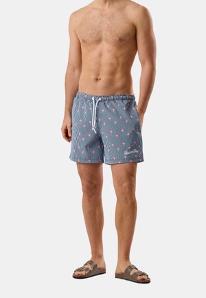 Oberkörperfreier Mann trägt blaue Badeshorts mit pinkem Flamingo-Motiv, weißem Kordelzug und braunen Sandalen, steht vor weißem Hintergrund.