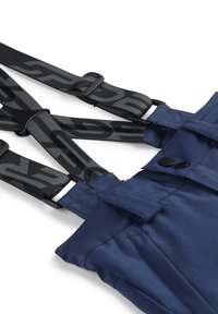 Salopette imperméable bleu marine avec bretelles noires réglables arborant un motif géométrique, deux boutons et de solides détails de couture.