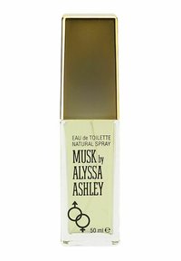 Klart glasflaska med ett guldlock, märkt "MUSK av Alyssa Ashley," innehållande ljusgul vätska. Har könssymboler och 50 ml märkning.
