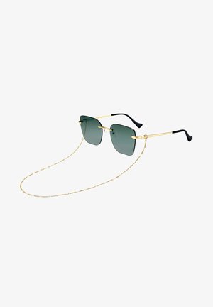 Lunettes de soleil en métal doré avec des verres verts, de forme rectangulaire, dotées d'une sangle en chaîne. Embouts noirs sur les branches pour plus de confort.